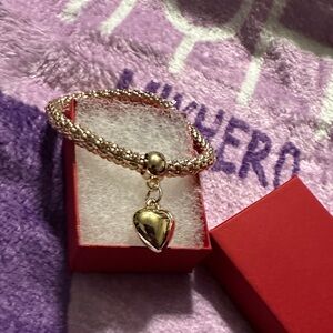 Elegant Goldtone Heart Charm Stretch Bracelet with red gift box